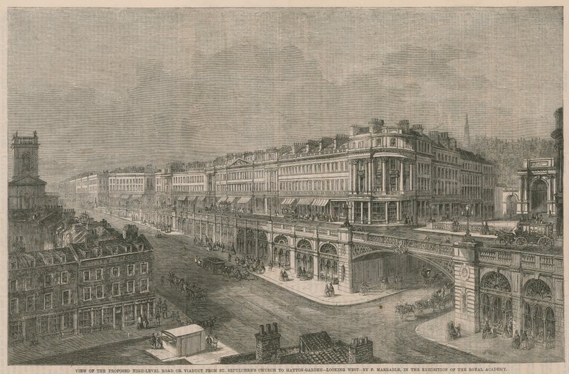 Vista da estrada ou viaduto de alto nível proposto da Igreja de St. Sepulchres para Hatton Gardens de English School