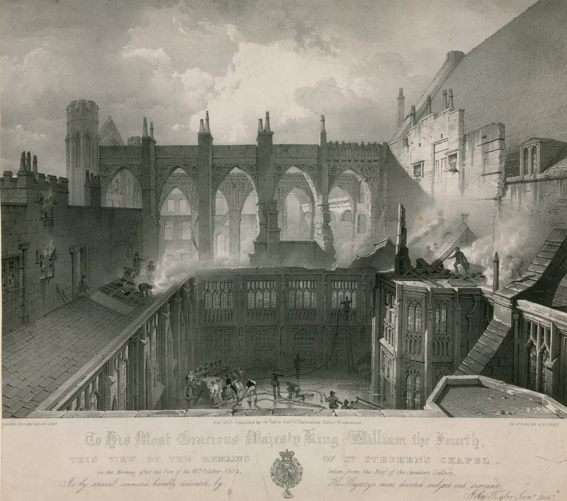 Vista dos restos da Capela St Stephens na manhã após o incêndio de English School