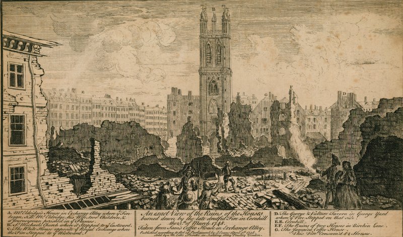 Vista das ruínas das casas incendiadas pelo incêndio em Cornhill, Londres, em 25 de março de 1748 de English School