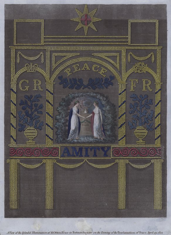 Vista da esplêndida iluminação da casa de M Otto em Portman Square, Londres, na noite da proclamação da paz, 29 de Abril de 1802 (gravura colorida) de English School