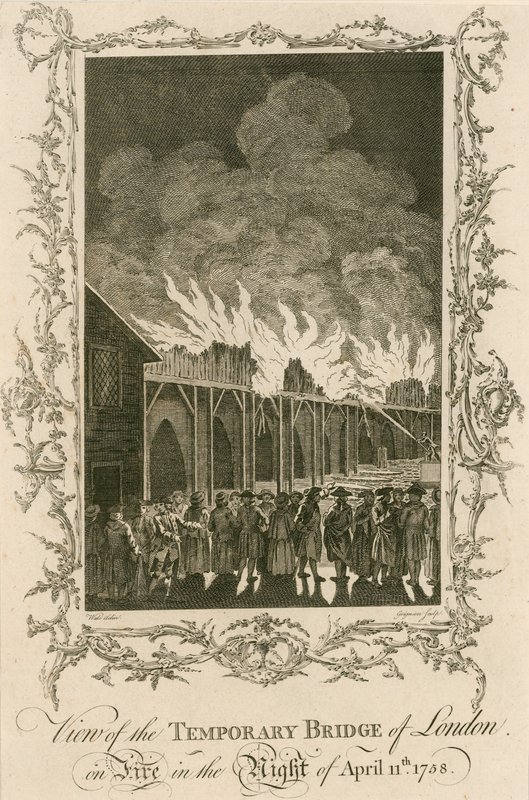 Vista da ponte temporária de Londres em chamas na noite de 11 de abril de 1758 de English School