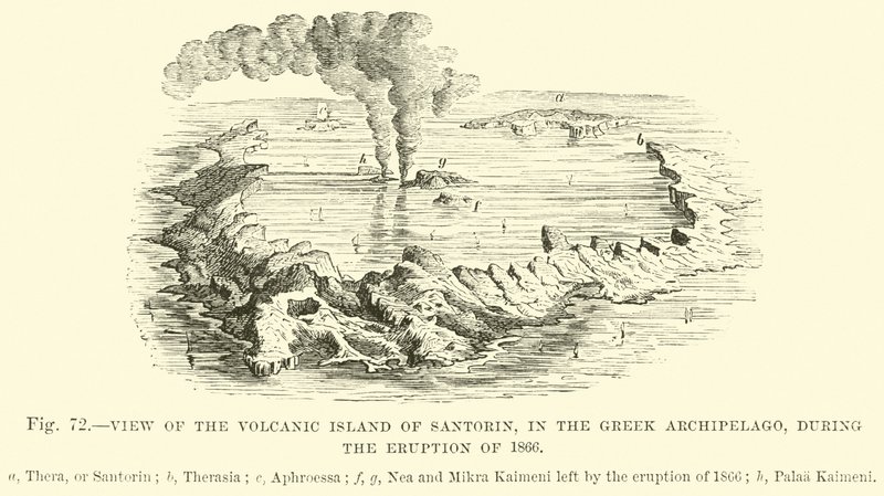 Vista da ilha vulcânica de Santorin, no arquipélago grego, durante a erupção de 1866 de English School