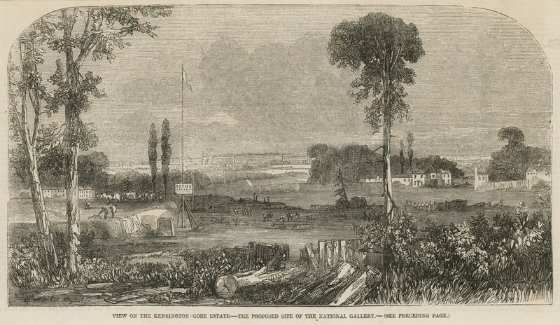 Vista na propriedade de Kensington Gore, o local proposto da National Gallery de English School