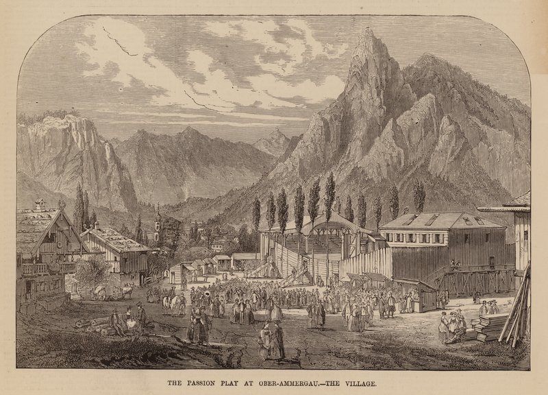 Aldeia de Oberammergau, na Baviera, palco de um espetáculo anual da Paixão (gravura) de English School