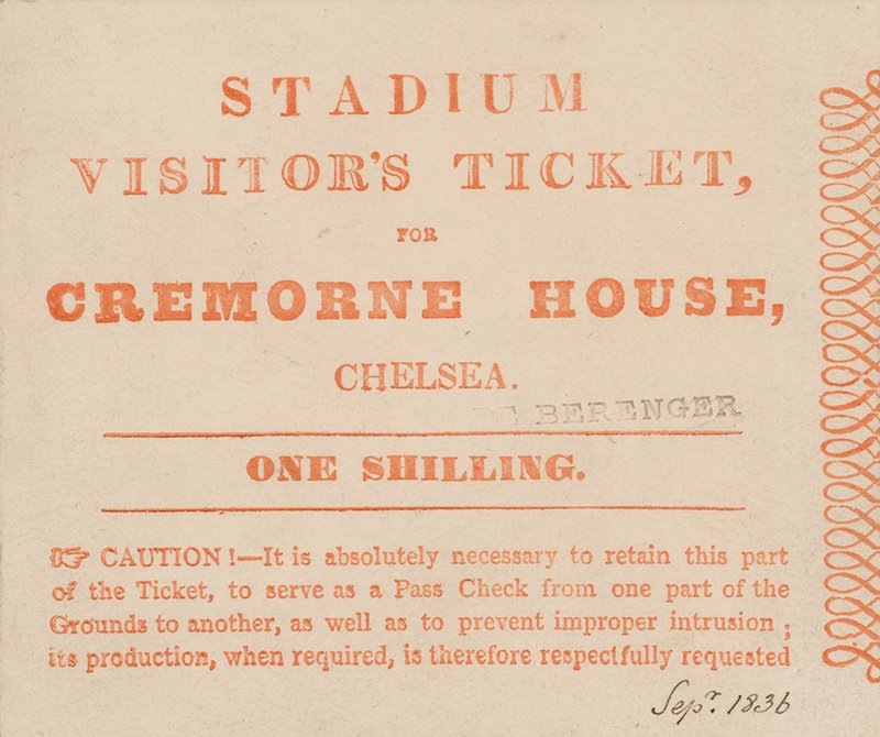 Bilhete de visitantes para o estádio, Cremorne House, Londres, setembro de 1836 de English School