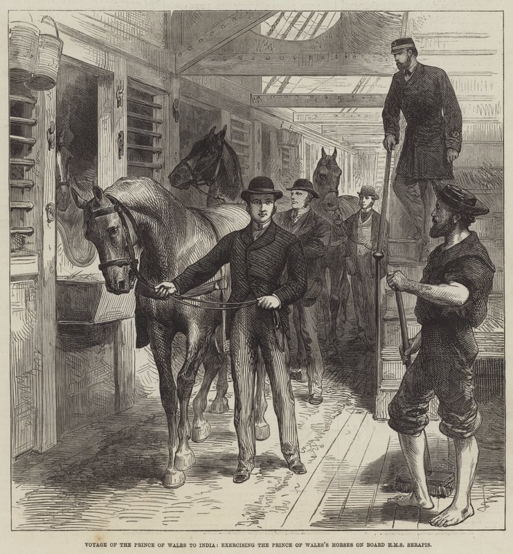 Voyage of the Prince of Wales to India, exercendo o Príncipe de Gales a bordo do HMS Serapis (gravura) de English School