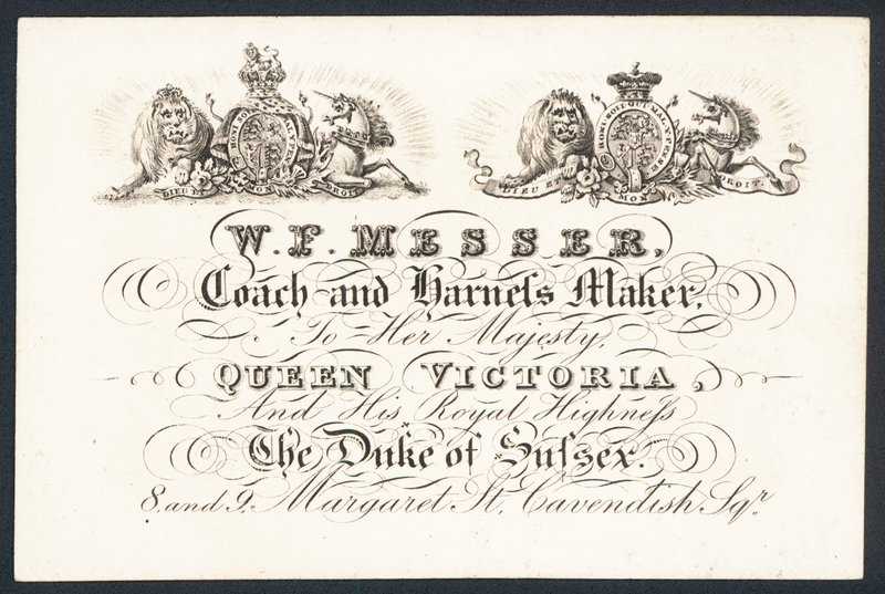 WF Messer, treinador e fabricante de arreios para sua majestade a Rainha Vitória e o Duque de Sussex, cartão comercial de English School