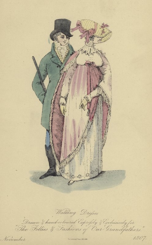 Vestido de passeio para Senhoras e Senhores (gravura a cores) de English School
