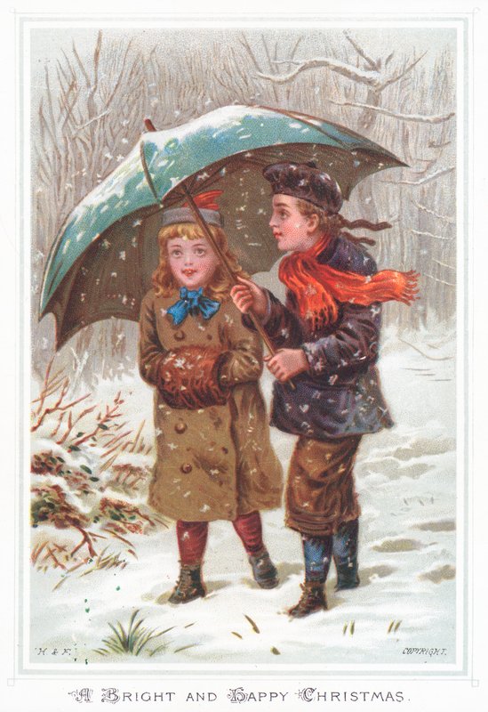 Andando sob o guarda-chuva na tempestade da neve, cartão de natal de English School