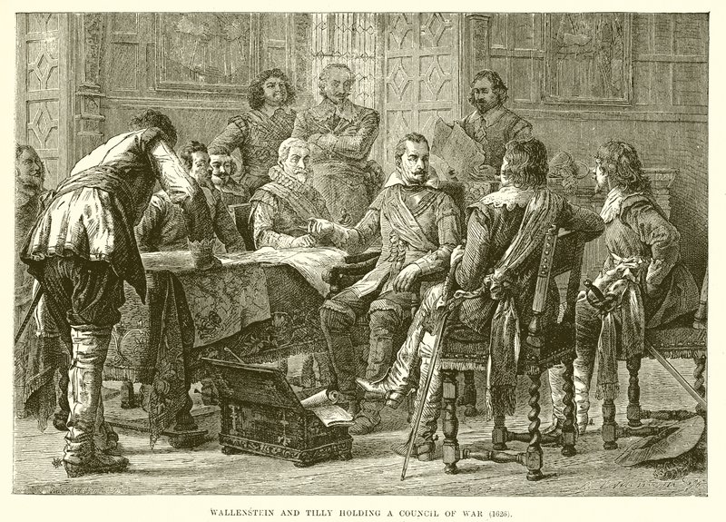 Wallenstein e Tilly segurando um conselho de guerra (1626) de English School