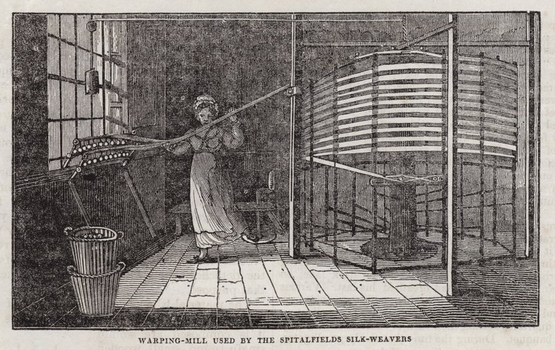 Moinho de urdidura usado pelos tecelões de seda Spitalfields (gravura) de English School