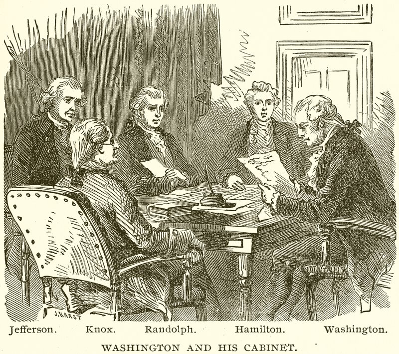 Washington e seu gabinete. Jefferson. Knox. Randolph. Hamilton. Washington de English School