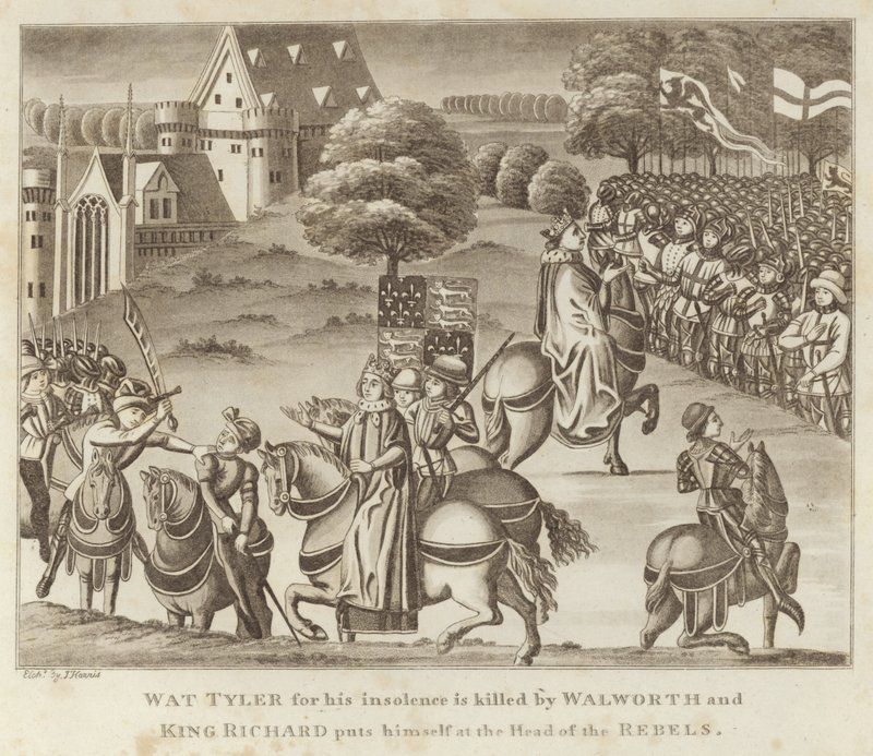 Wat Tyler por sua insolência é morto por Walworth e King Richard se coloca na cabeça dos rebeldes de English School
