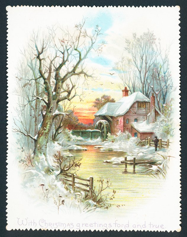 Watermill pelo rio, cartão de Natal de English School