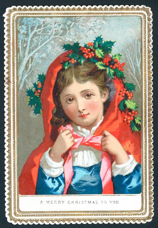 Vestindo um xale vestida com azevinho, cartão de Natal de English School