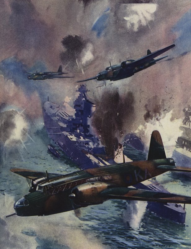 Bombardeiros de Wellington atacando a base naval alemã em Kiel, 1939 de English School
