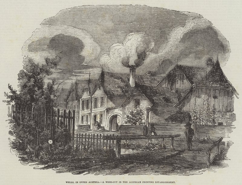 Wells, na Alta Áustria, um corte de madeira no estabelecimento de impressão austríaco (gravura) de English School
