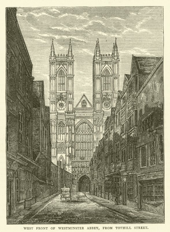 Frente oeste da Abadia de Westminster, da Rua Tothill (gravura) de English School