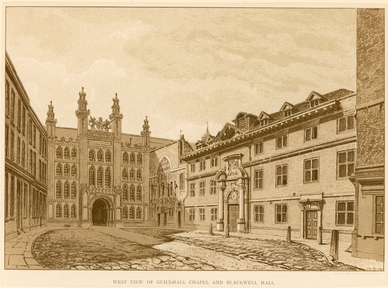 Vista oeste da Capela de Guildhall, Londres e Blackwell Hall de English School