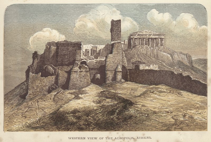 Vista Oeste da Acrópole, Atenas (gravura a cores) de English School