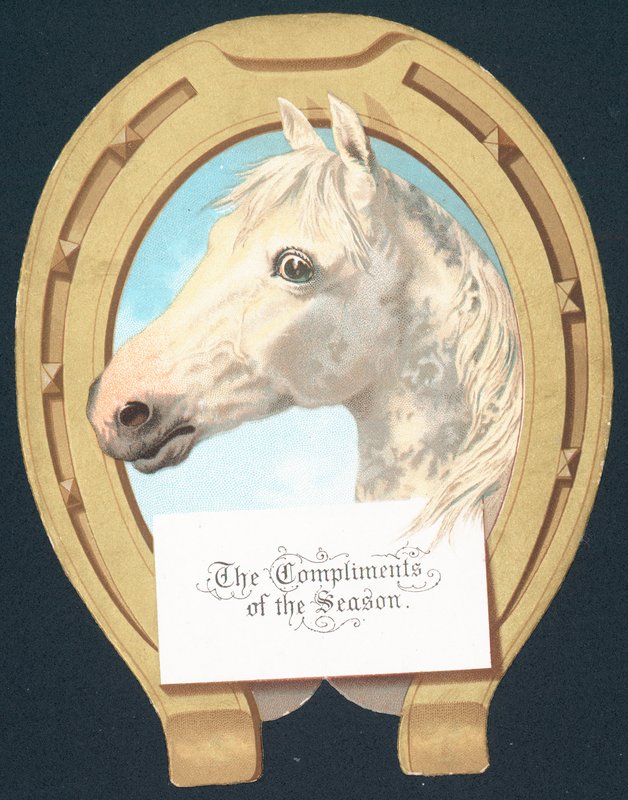 Cavalo branco e ferradura, cartão de Natal de English School