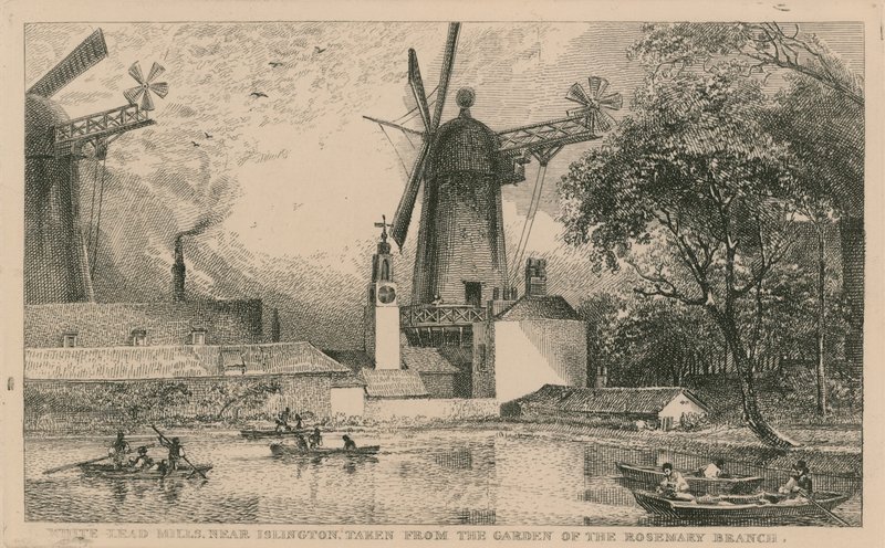 Branco chumbo Mills perto de Islington, retirado do jardim do ramo de alecrim de English School