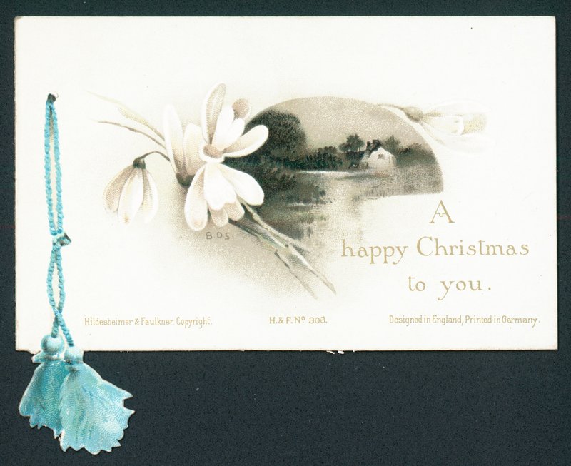 Snowdrop branco e casa pelo lago, cartão de Natal de English School