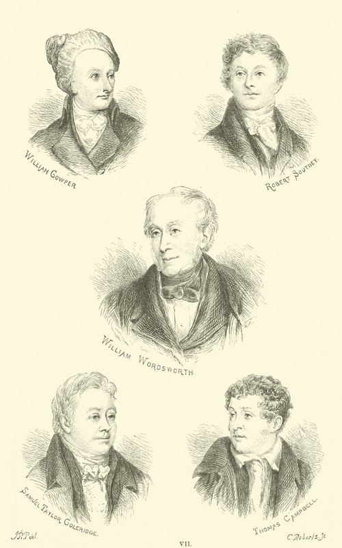 William Cowper, Robert Southey, William Wordsworth, Samuel Taylor Goleridge, Thomas Campbell de English School