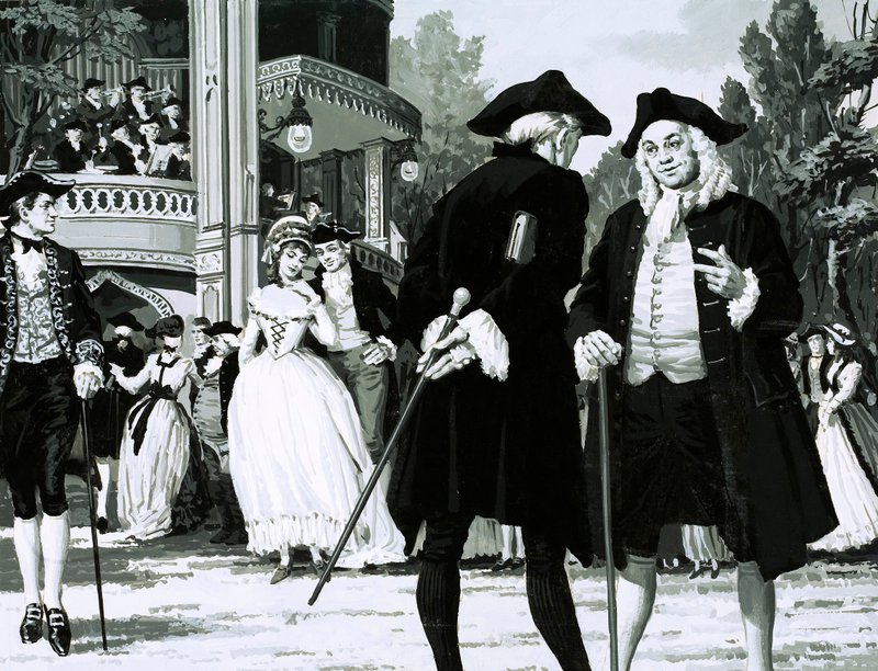 William Hogarth dá um passeio em Vauxhall Gardens (guache no papel) de English School