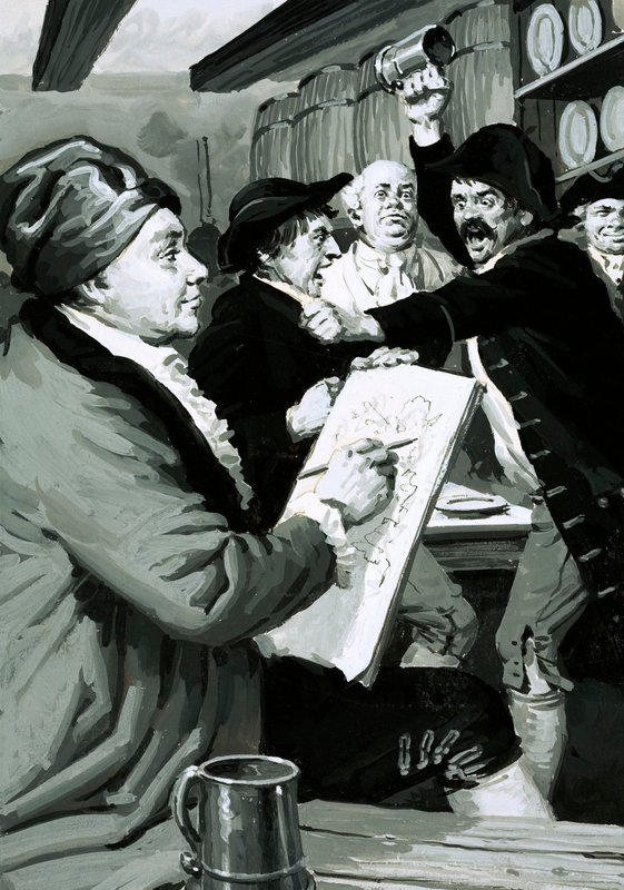 O primeiro desenho satírico de William Hogarth foi inspirado por uma rixa de taberna (guache no papel) de English School