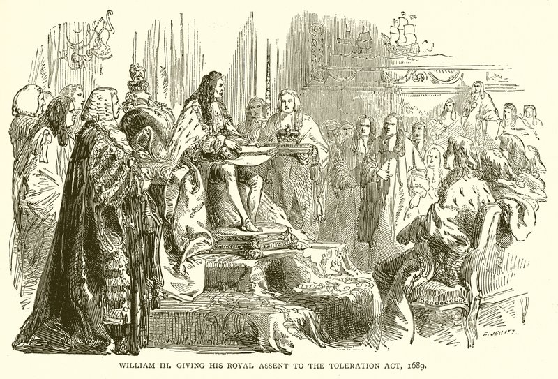 William III dando seu consentimento real para o Ato de Tolerância, 1689 de English School