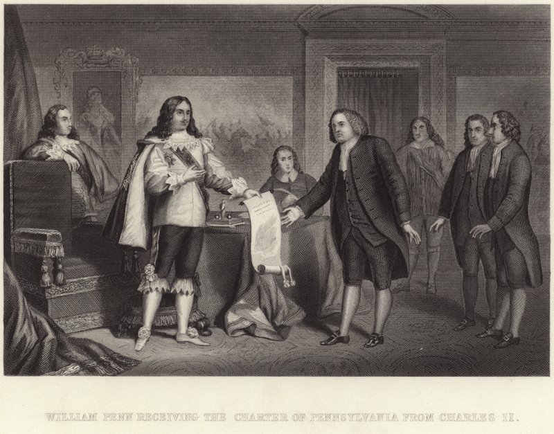 William Penn recebendo a Carta da Pensilvânia de Charles II de English School