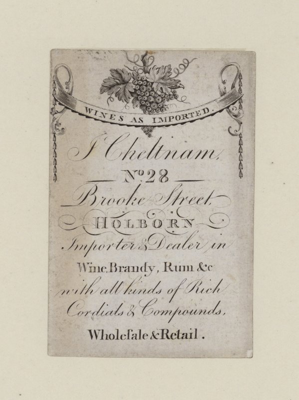 Comerciantes de vinhos, J Cheltnam, cartão de comércio de English School