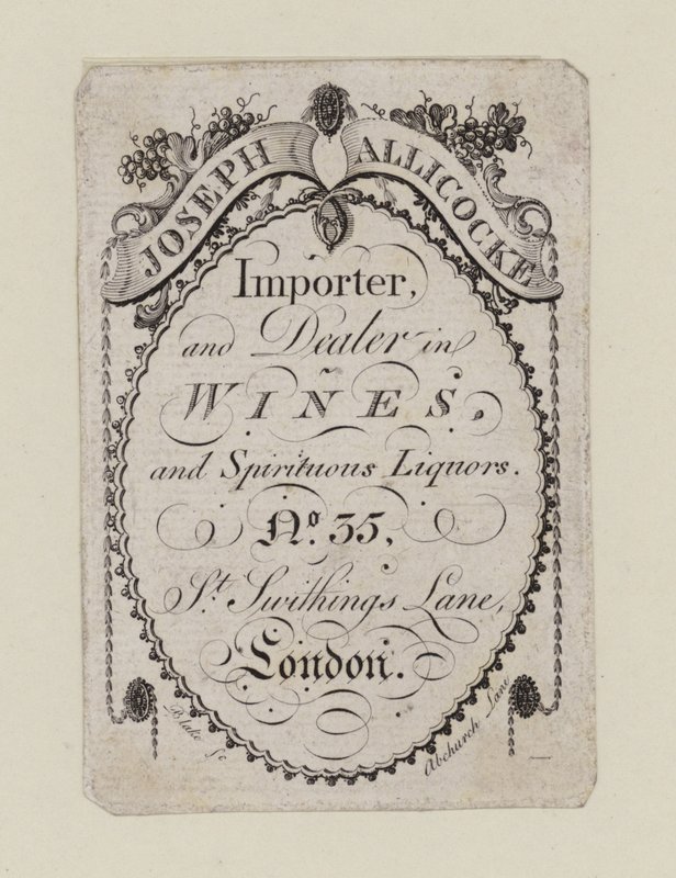 Comerciantes de vinhos, Joseph Allicocke, cartão de comércio de English School