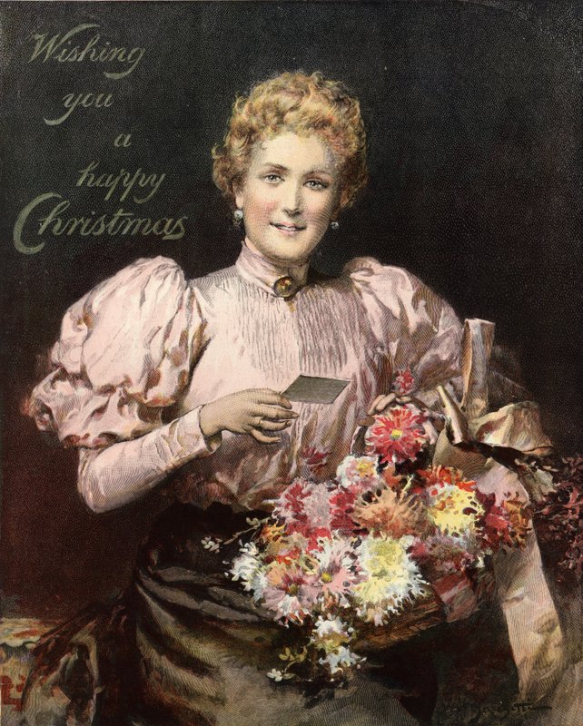 Mulher segurando um buquê de flores, com a lenda, desejando-lhe um feliz Natal de English School