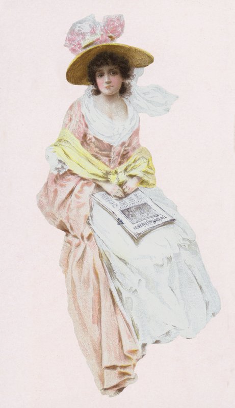 Mulher de vestido vitoriano ou eduardiano lendo um jornal (chromolitho) de English School