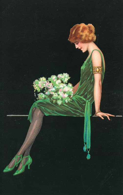 Mulher, em, um, vestido verde de English School