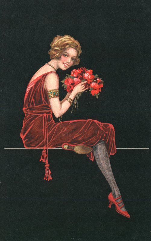 Mulher, em, um, vestido vermelho de English School