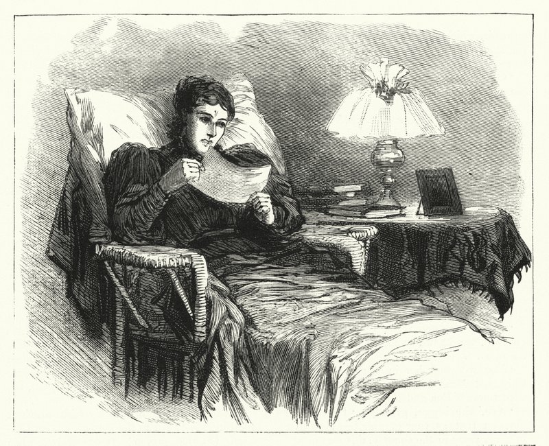 Mulher aprendendo de uma falência bancária e a perda do seu dinheiro (litho) de English School