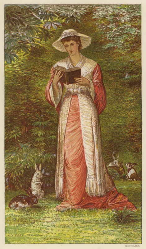 Mulher lendo um livro em um jardim com coelhos (lito colorido) de English School