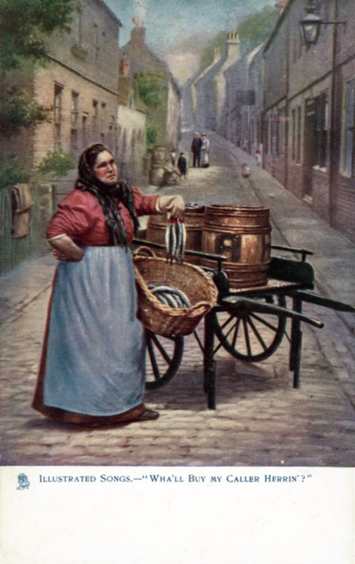 Mulher que vende arenque de um carrinho de mão (cor litho) de English School