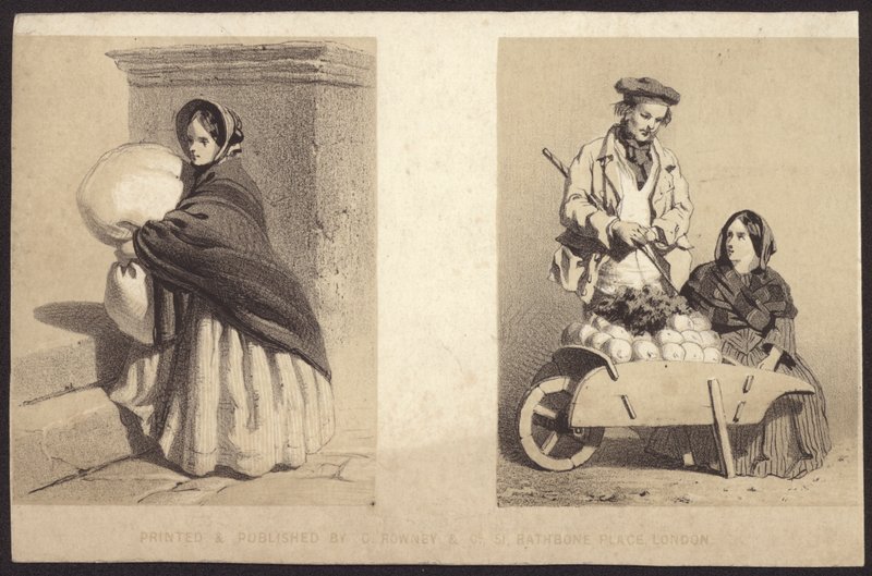 Vendedor ambulante de mulher vendendo legumes de um carrinho de mão (litho) de English School