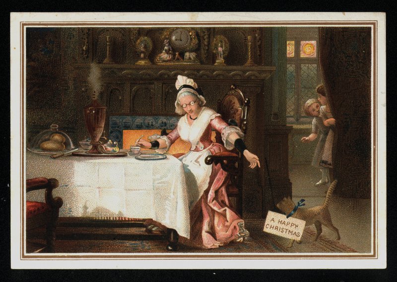 Mulher a tomar chá com o gato, cartão de boas festas de Natal. (chromolitho) de English School