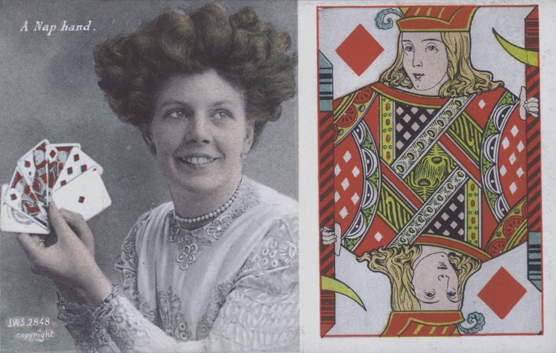 Mulher com cartas de jogo e o Valete de Ouros (cor litho) de English School
