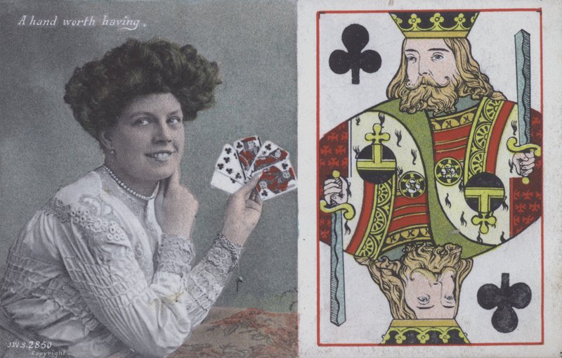 Mulher com cartas de jogar e o rei de paus (litografia a cores) de English School