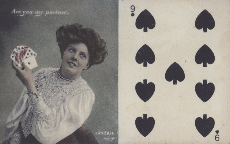 Mulher com cartas de jogar e as nove de espadas (cor litho) de English School