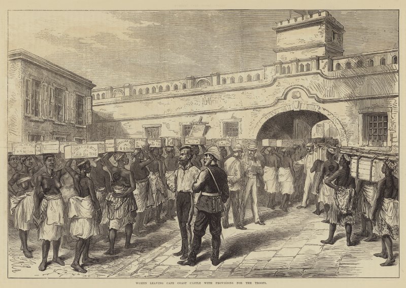 Mulheres saindo do Castelo de Cape Coast com Provisões para as Tropas (gravura) de English School