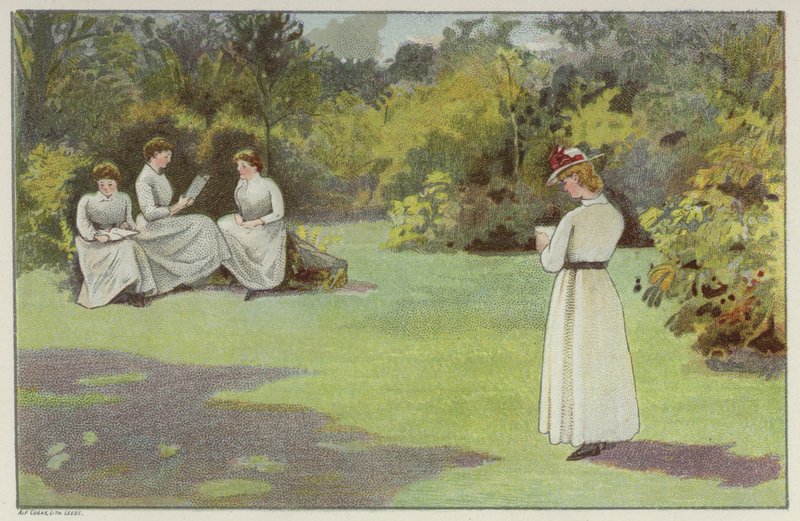 Mulheres a relaxar num canto tranquilo de Bournville, Birmingham (chromolitho) de English School