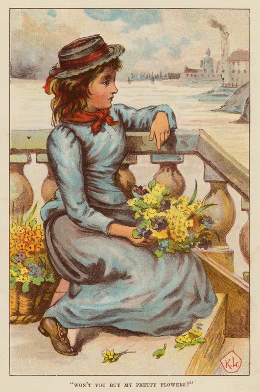 "Você não vai comprar minhas lindas flores?" (lito colorido) de English School