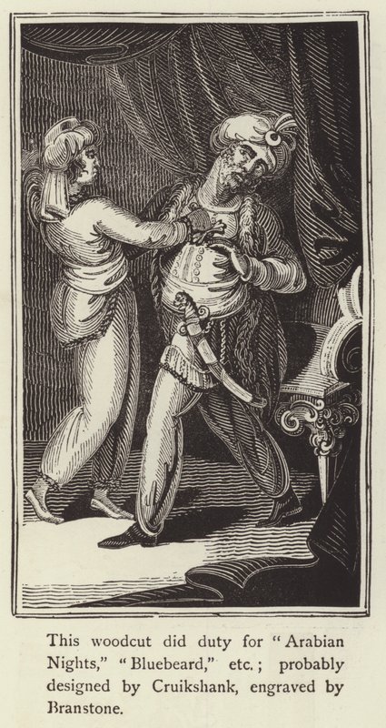 Corte de madeira que fez serviço para Noites Árabes, Barba Azul, etc (gravura) de English School